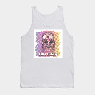 Old Hippiie in bandana with canabis leaf sign and wording Take it Easy. Hippie Psychedelic generation Retro Poster. Tank Top